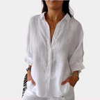 Linnen damesblouse met lange mouwen en knoopsluiting