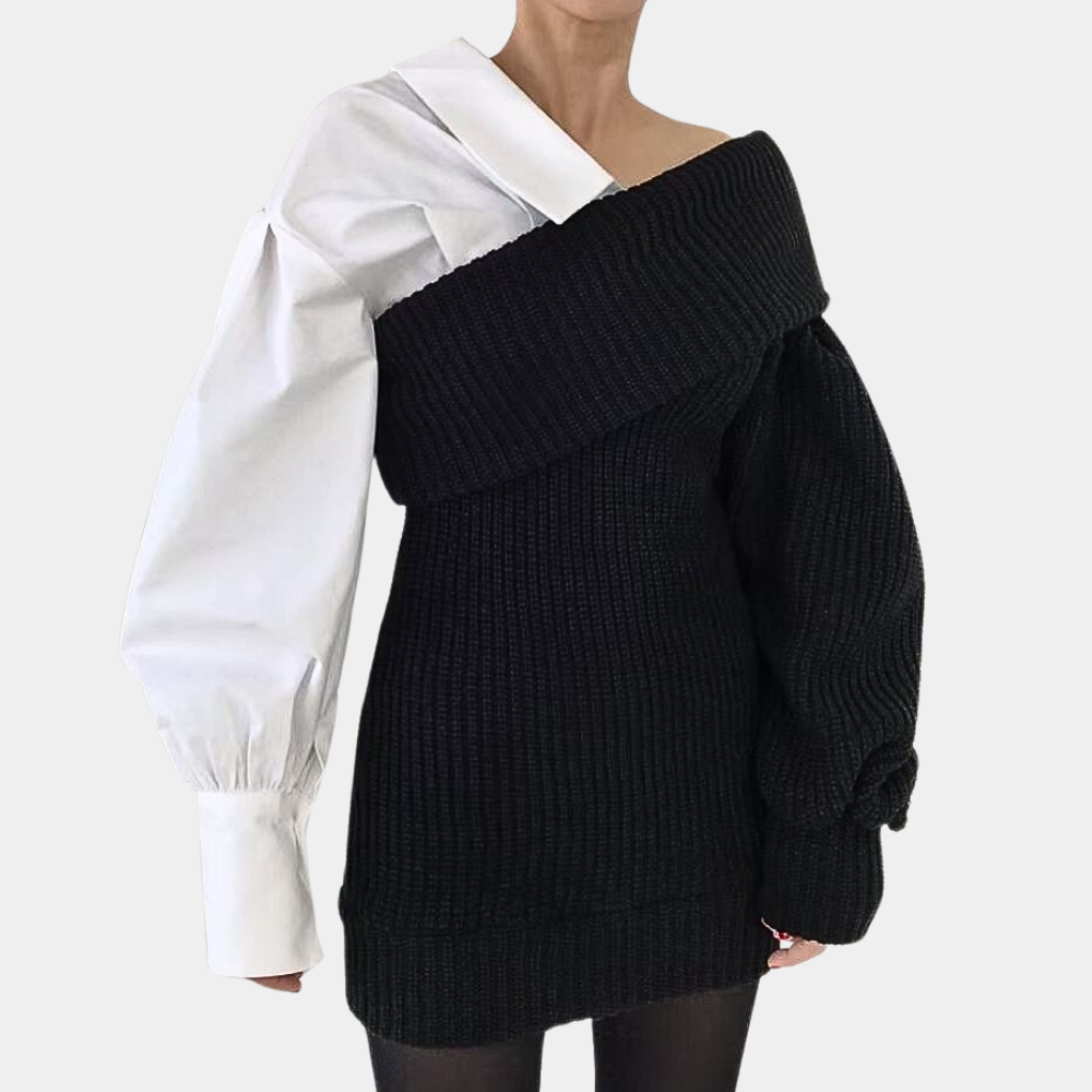 Gebreide off-shoulder jurk met contrasterende mouwen