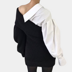 Gebreide off-shoulder jurk met contrasterende mouwen