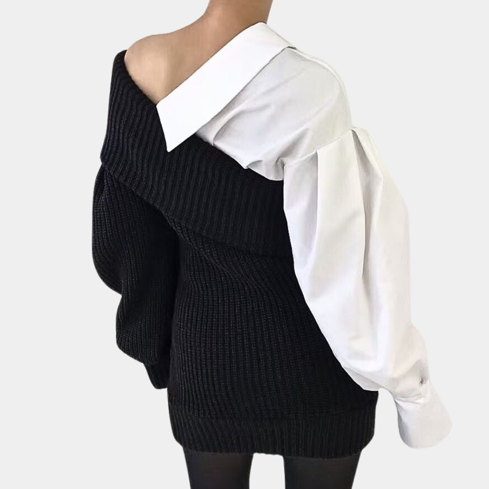 Gebreide off-shoulder jurk met contrasterende mouwen