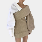 Gebreide off-shoulder jurk met contrasterende mouwen
