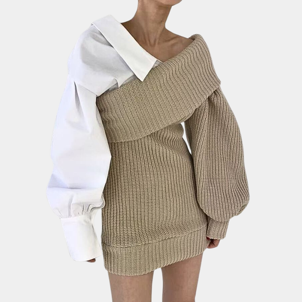 Gebreide off-shoulder jurk met contrasterende mouwen