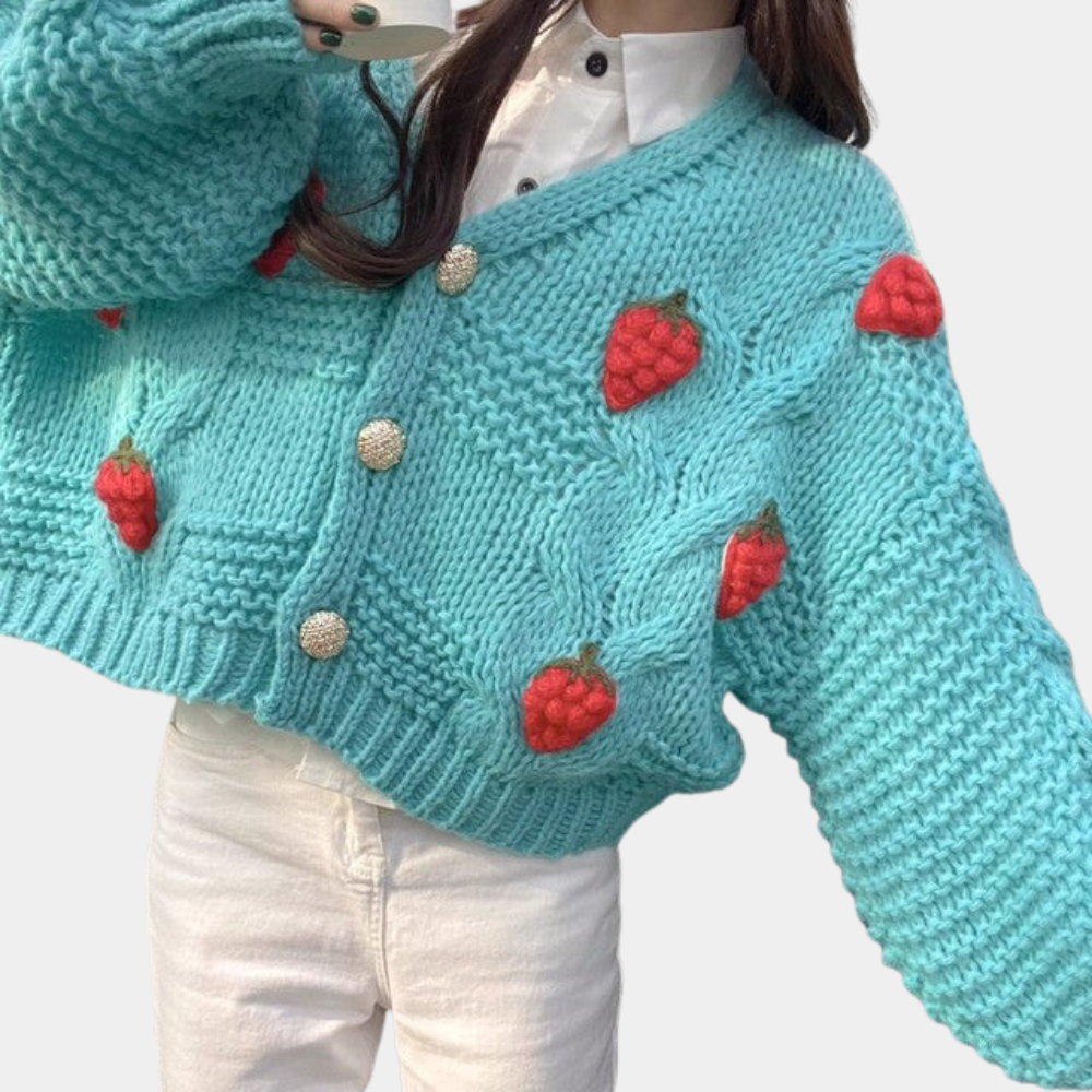 Gebreid damesvest met aardbei-details