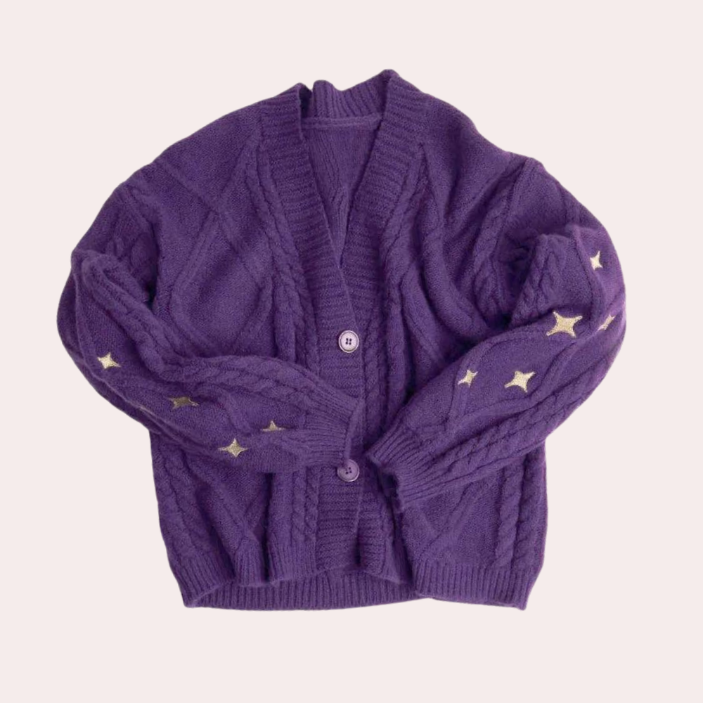 Gebreid damesvest met aardbei-details