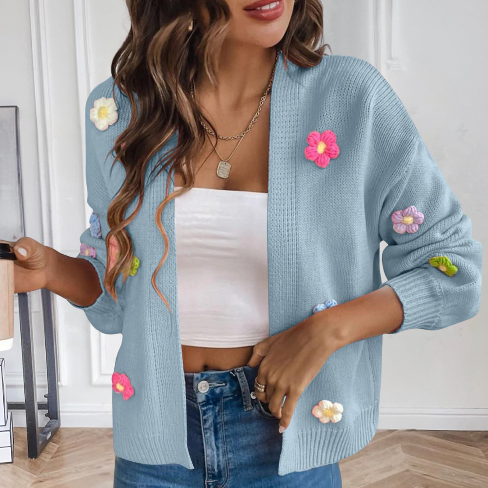 Gebreid damesvest met 3D bloemen