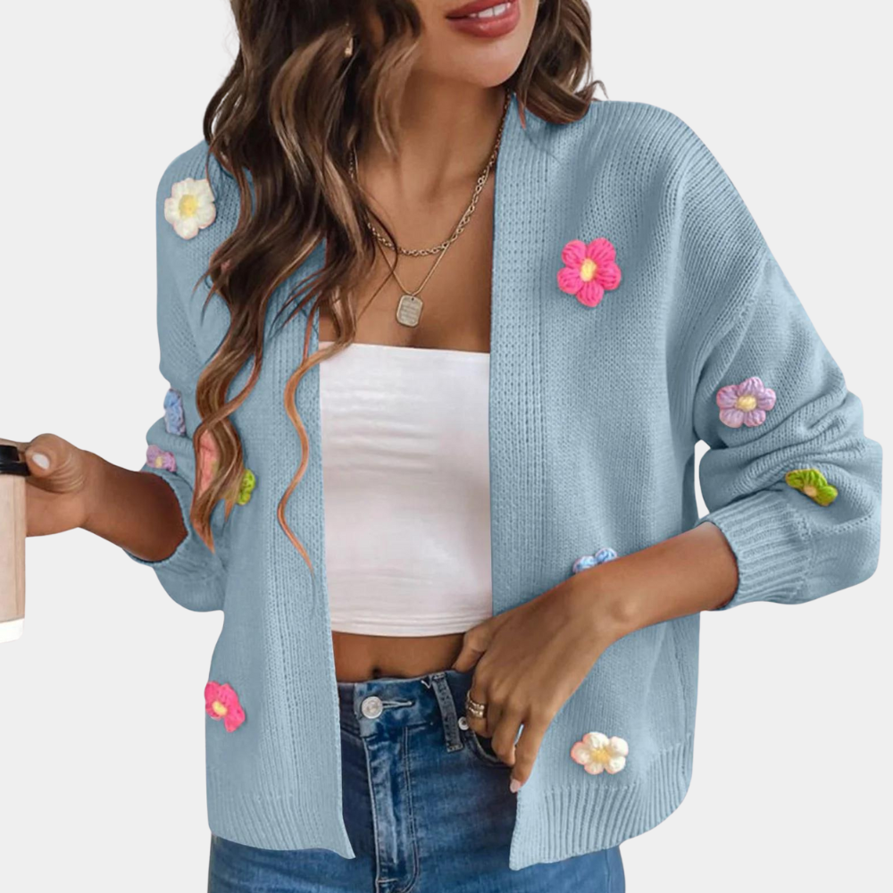 Gebreid damesvest met 3D bloemen
