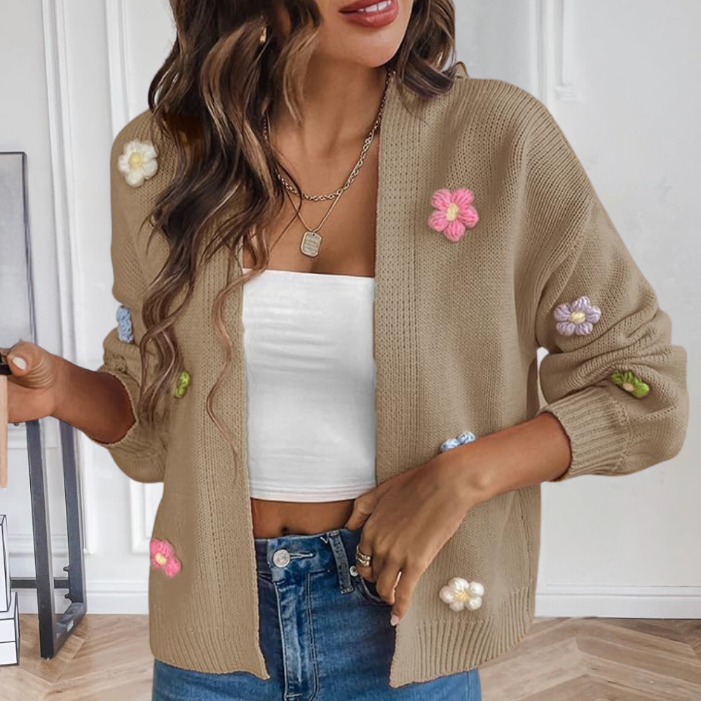 Gebreid damesvest met 3D bloemen