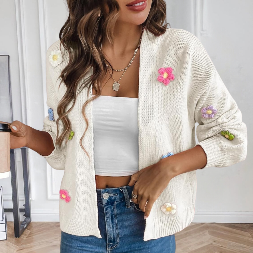 Gebreid damesvest met 3D bloemen