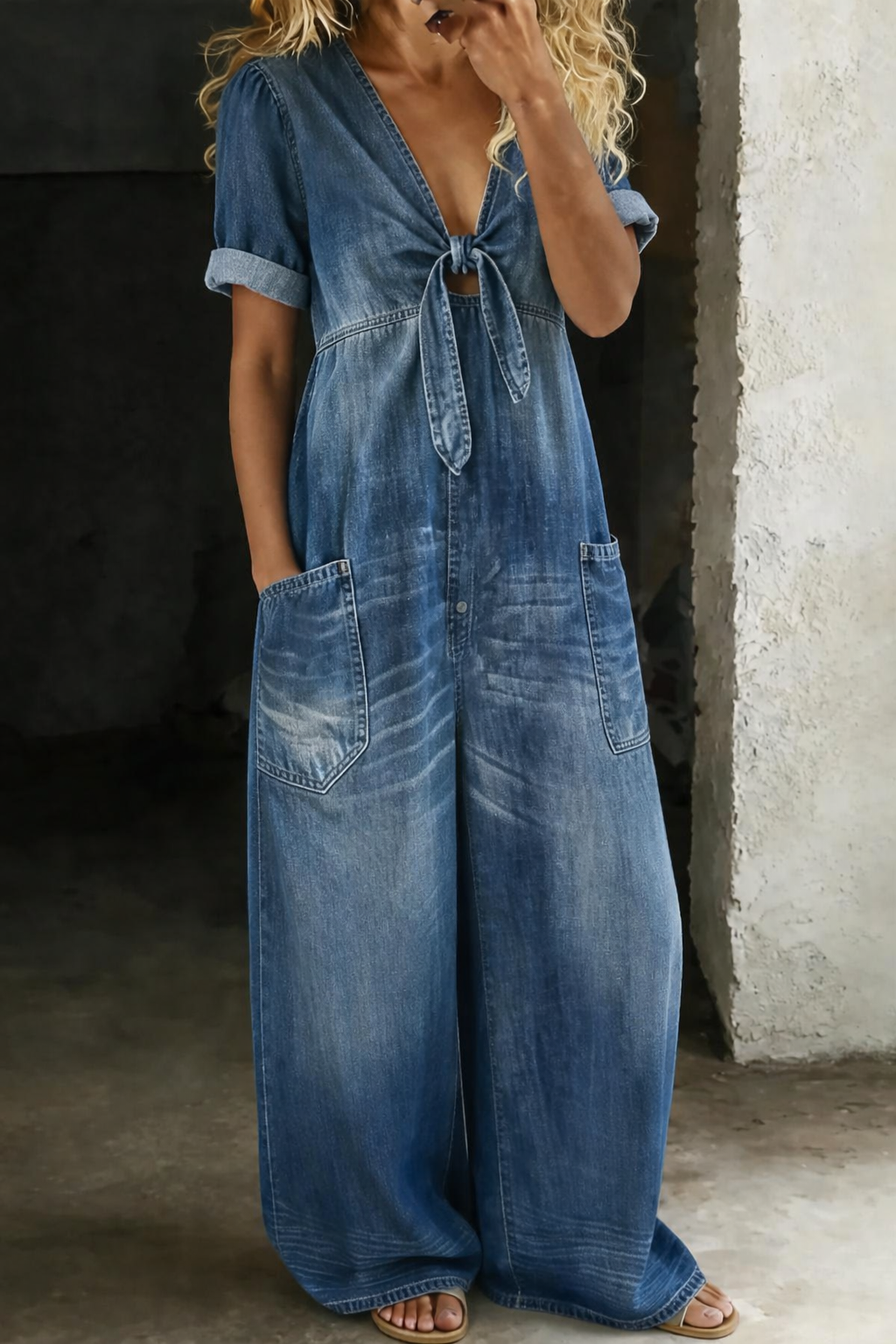Jumpsuit met V-hals, korte mouwen en opgestikte zakken