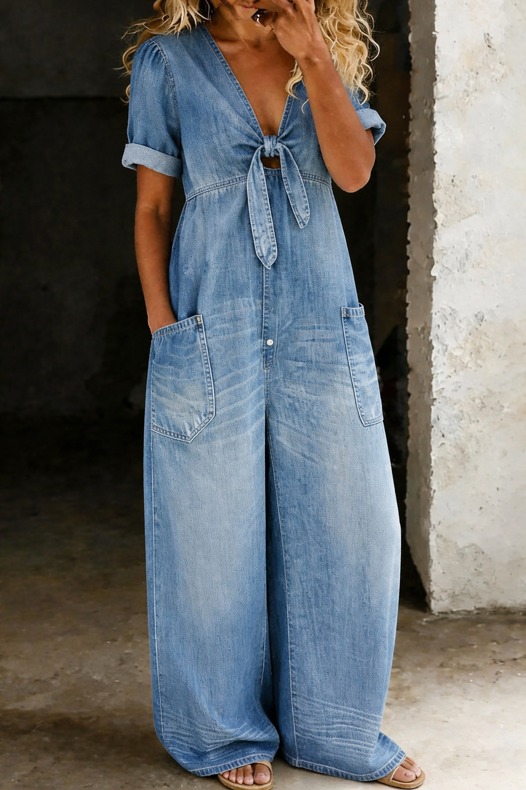 Jumpsuit met V-hals, korte mouwen en opgestikte zakken
