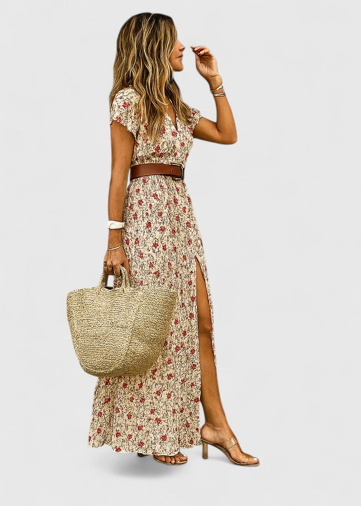 Maxijurk met print en gerimpelde taille