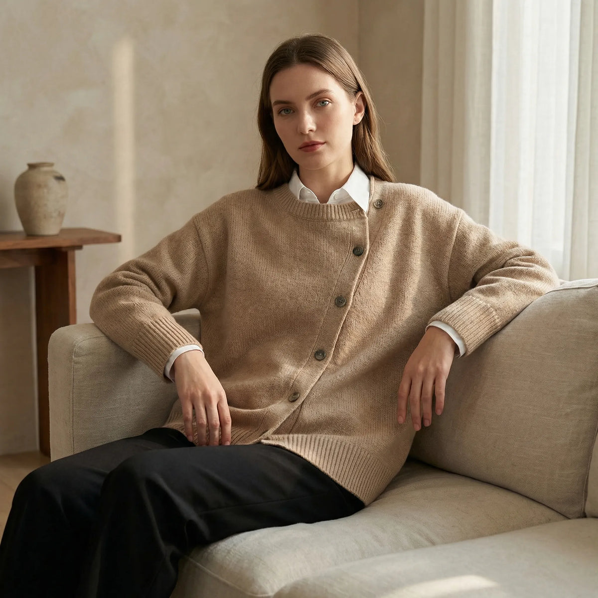 Gebreide wikkelvest met knoopdetail