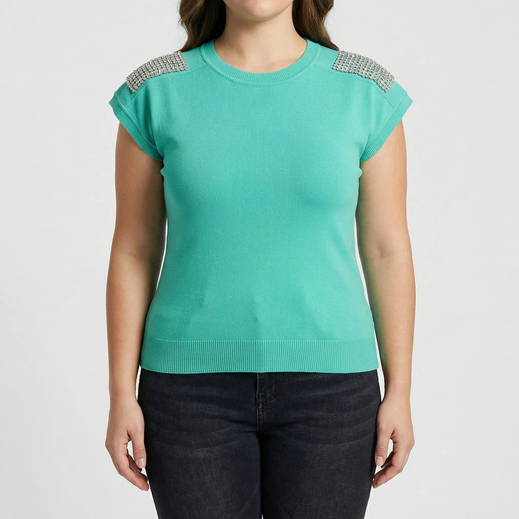Getailleerde gebreide top met strass op de schouders