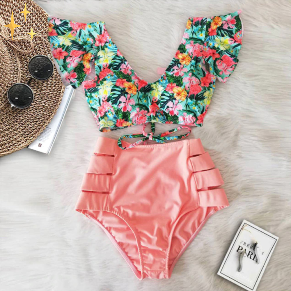Bikini set met ruffle top en hoge taille broekje
