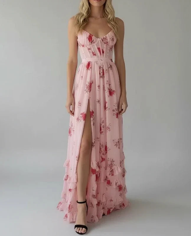 Gesine | Damesmaxijurk met bloemenprint, spaghettibandjes en hoge split