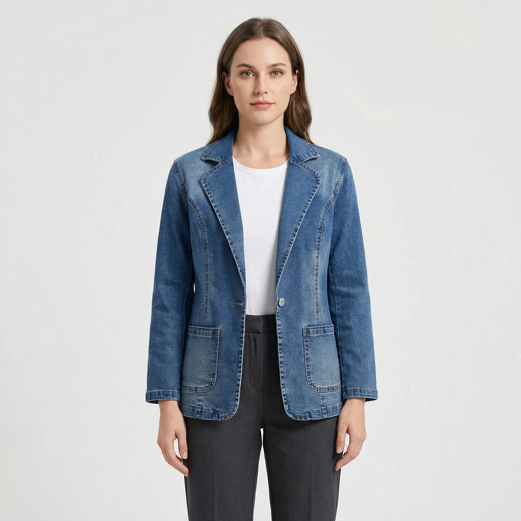 Gestructureerde denimblazer met reverskraag – Liva
