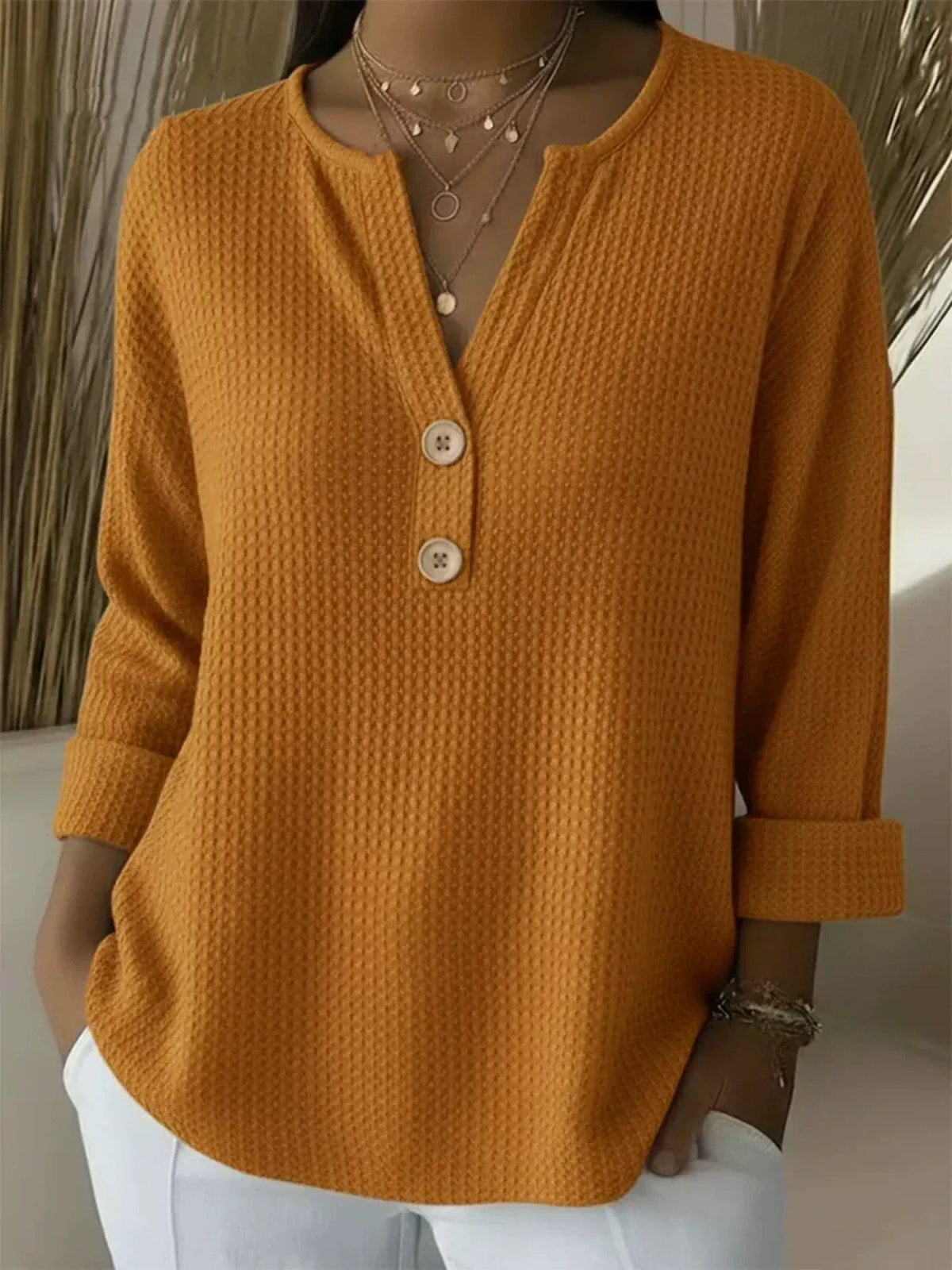 Henley-top met wafelstructuur en driekwart mouwen