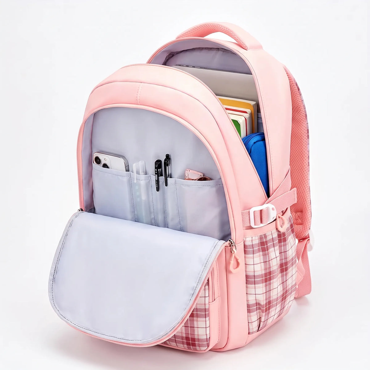 Grote schooltas met ruitjespatroon