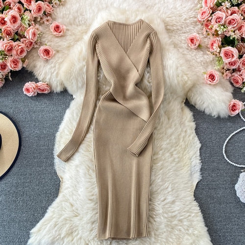 Zomer gebreide bodycon jurk – korte mouw pullover maxi jurk