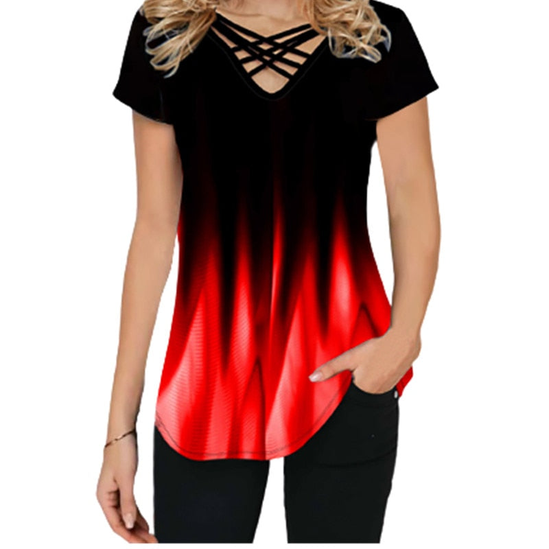 Casual verloop print cross V-hals zomertop – korte mouw los T-shirt