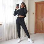 Dames lange mouw hoge kraag trui & trekkoord broek set – feestelijke reisoutfit