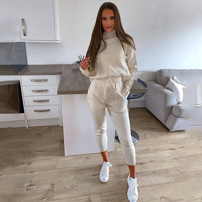 Dames lange mouw hoge kraag trui & trekkoord broek set – feestelijke reisoutfit