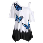 Vlinderprint cold shoulder T-Shirt – zomertuniek tee voor vrouwen