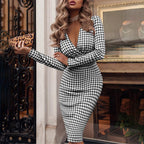 V-Hals pailletten bodycon jurk – lange mouw midi party jurk