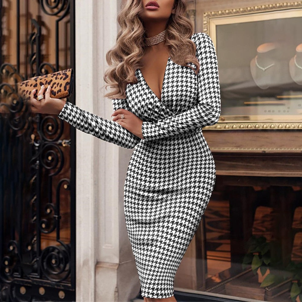 V-Hals pailletten bodycon jurk – lange mouw midi party jurk