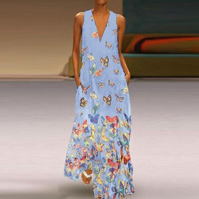 Mouwloos maxi zomerjurk met vlinderpatroon