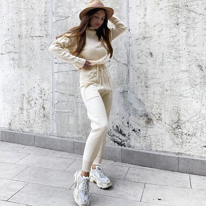 Dames lange mouw hoge kraag trui & trekkoord broek set – feestelijke reisoutfit