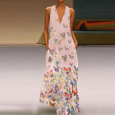 Mouwloos maxi zomerjurk met vlinderpatroon