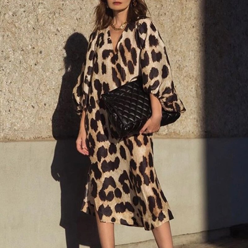 V-Hals 3/4 mouwen luipaardprint feestjurk – elegant & ademend