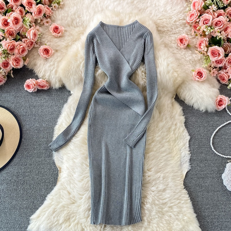 Zomer gebreide bodycon jurk – korte mouw pullover maxi jurk