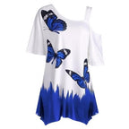 Vlinderprint cold shoulder T-Shirt – zomertuniek tee voor vrouwen