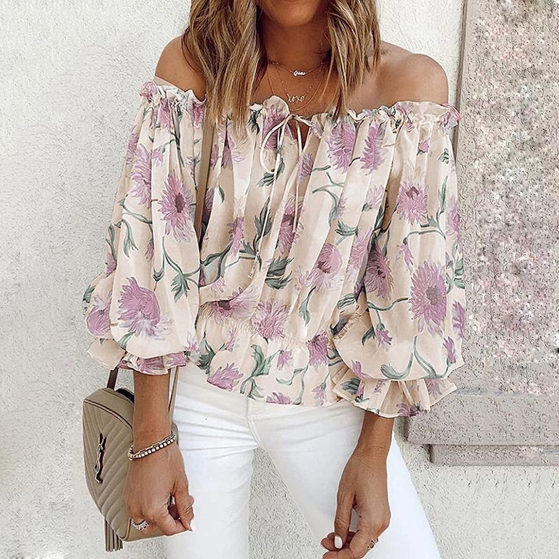 Gebloemde dames chiffon blouse met ruches mouwen