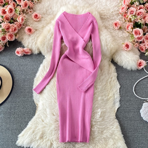 Zomer gebreide bodycon jurk – korte mouw pullover maxi jurk