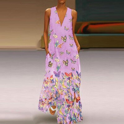 Mouwloos maxi zomerjurk met vlinderpatroon