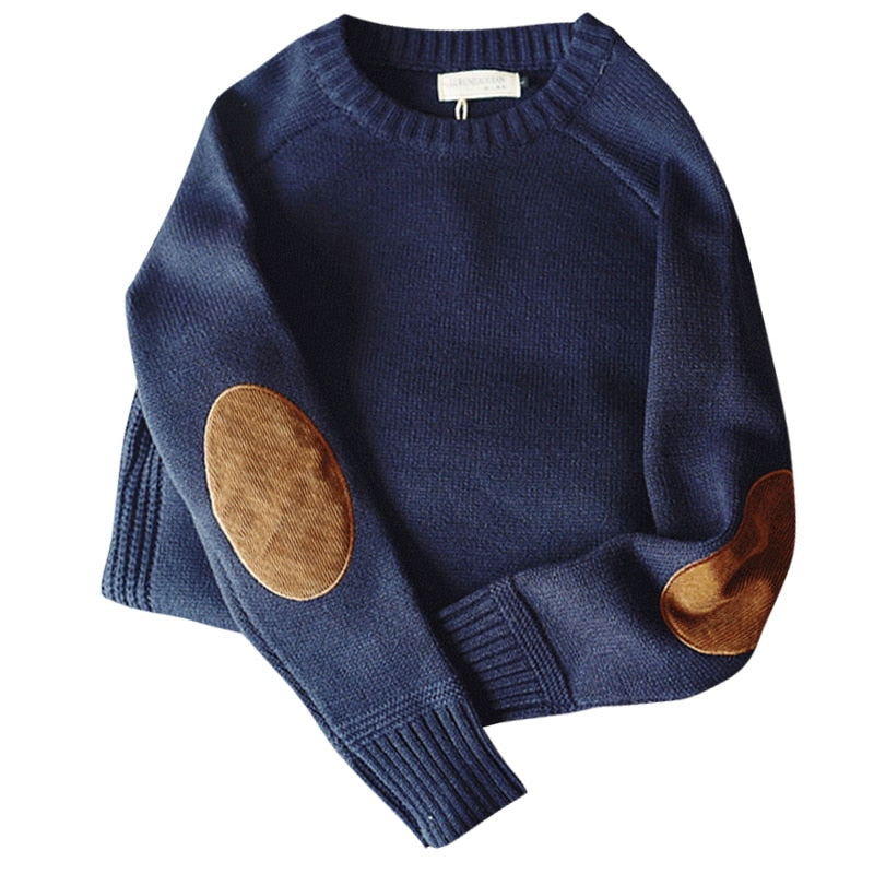 Herentrui met ronde hals en elleboogpatches