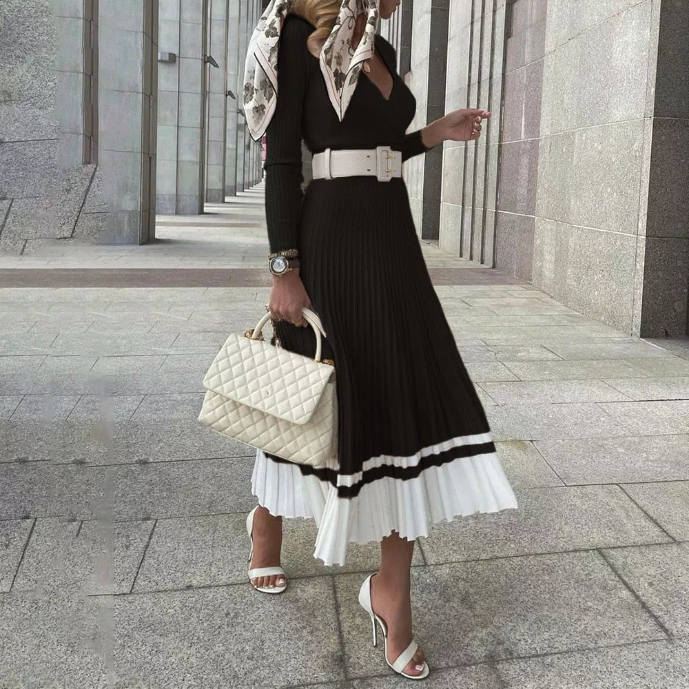 Geribbelde V-Hals maxi jurk – sexy patchwork A-Lijn – chique & comfortabel