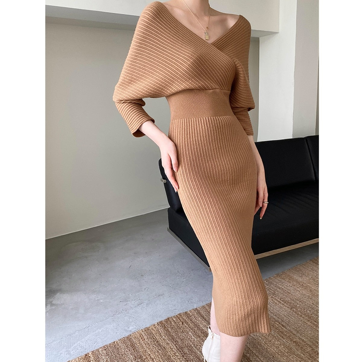 Hoge taille gebreide trui jurk – V-hals lange slanke gebreide avond feestkleding