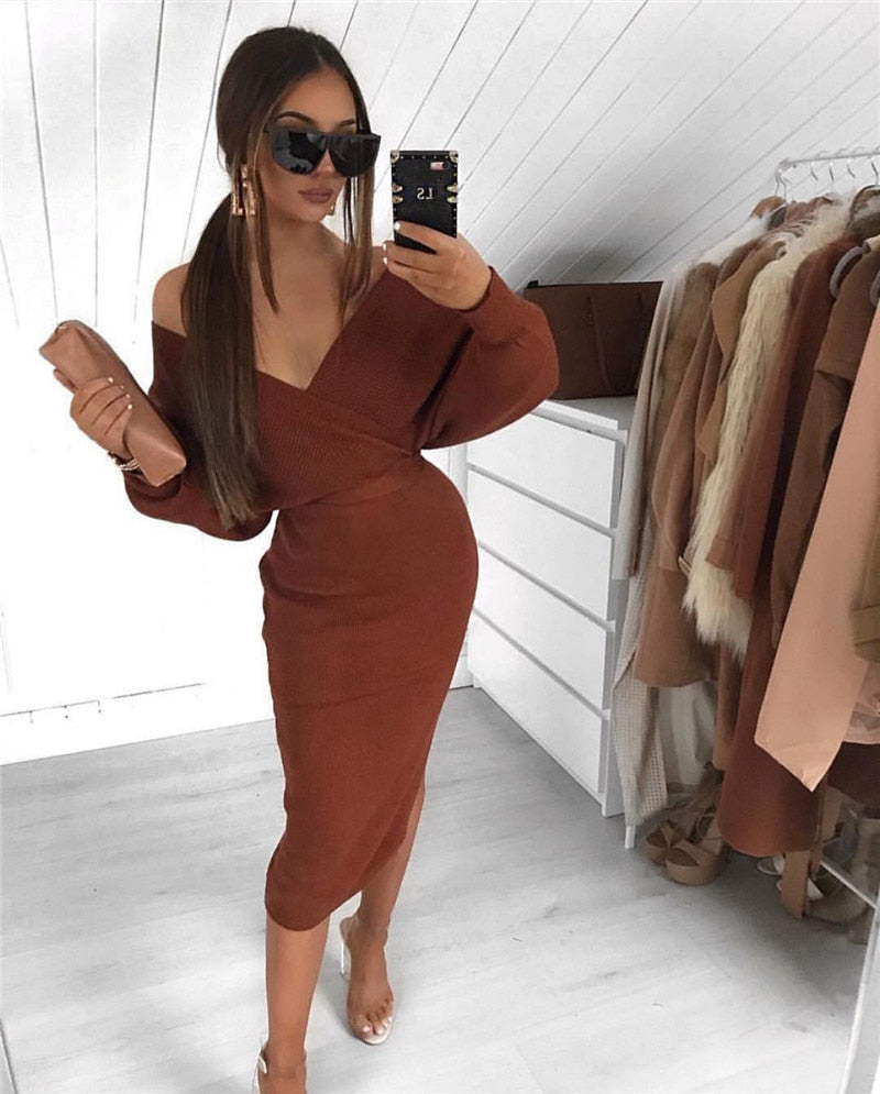 Designer V-Hals lange mouw – hoge taille kokerjurk