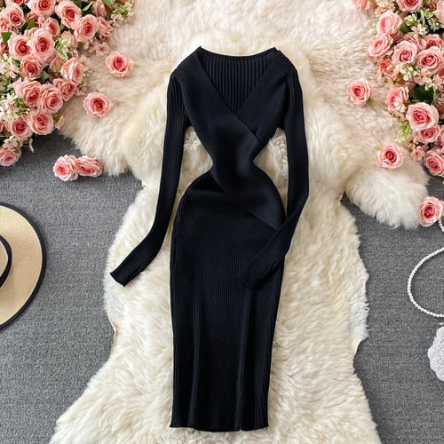 Zomer gebreide bodycon jurk – korte mouw pullover maxi jurk