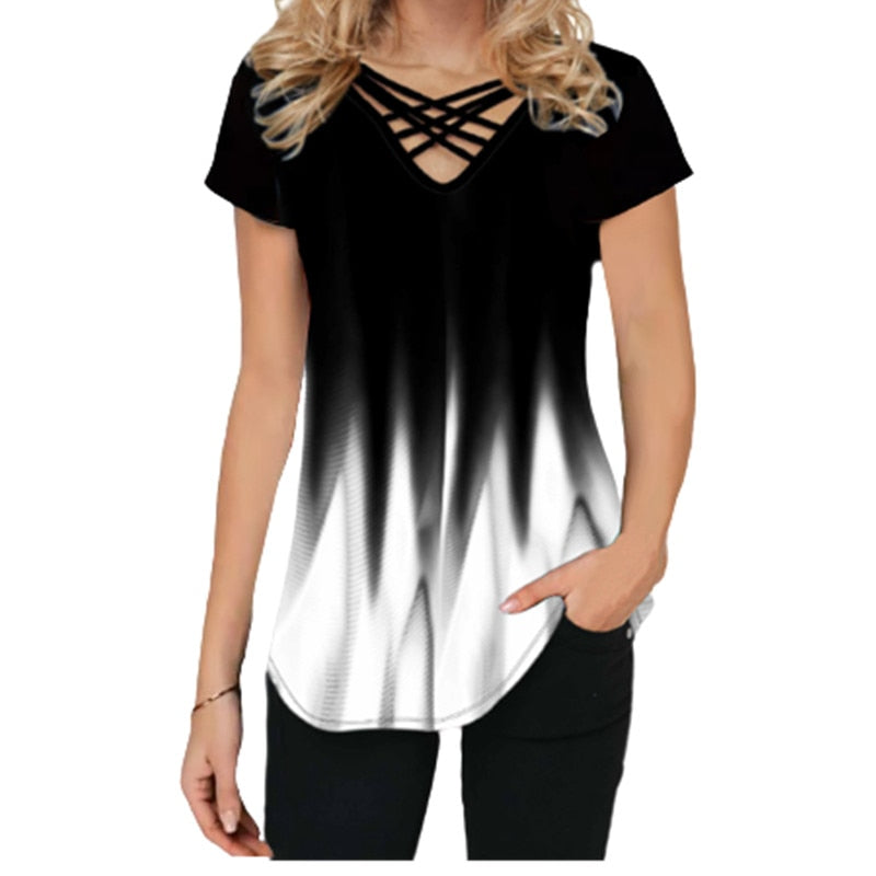 Casual verloop print cross V-hals zomertop – korte mouw los T-shirt