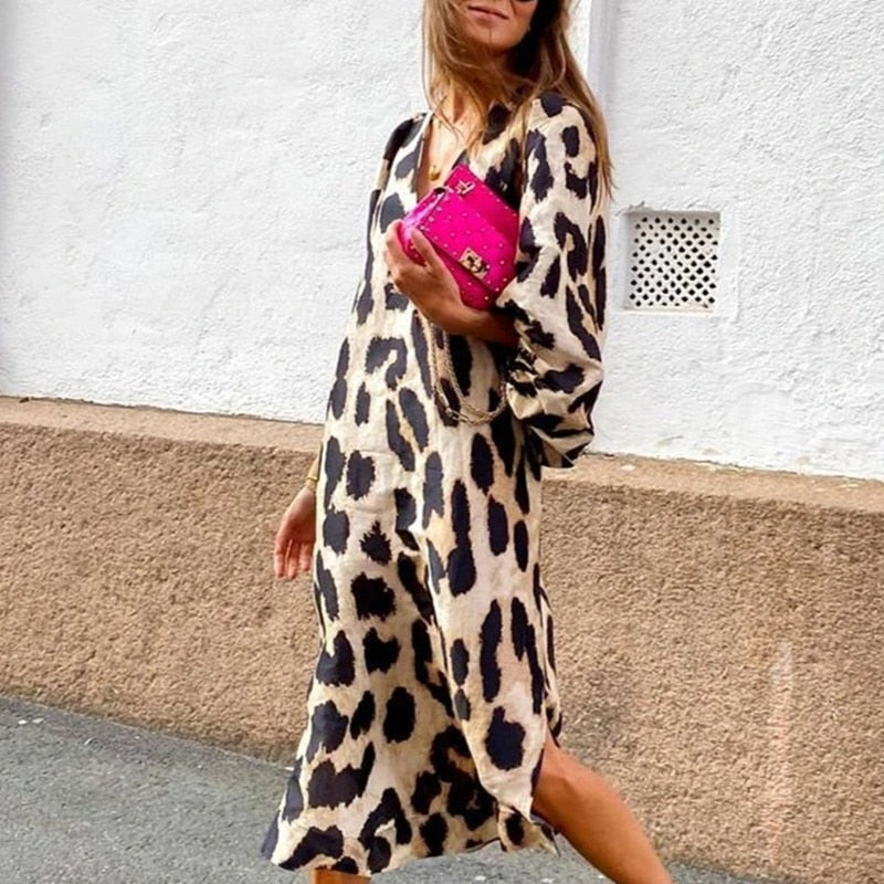 V-Hals 3/4 mouwen luipaardprint feestjurk – elegant & ademend