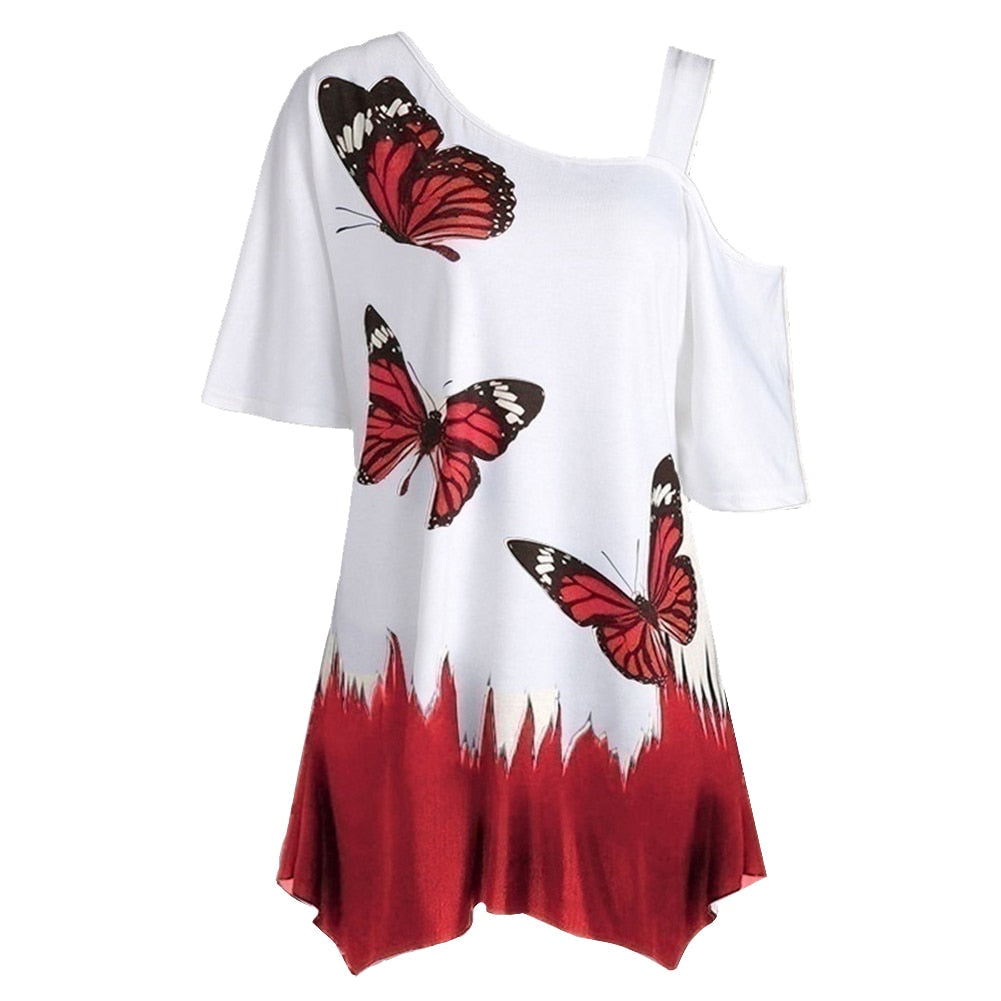 Vlinderprint cold shoulder T-Shirt – zomertuniek tee voor vrouwen