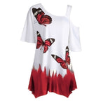 Vlinderprint cold shoulder T-Shirt – zomertuniek tee voor vrouwen