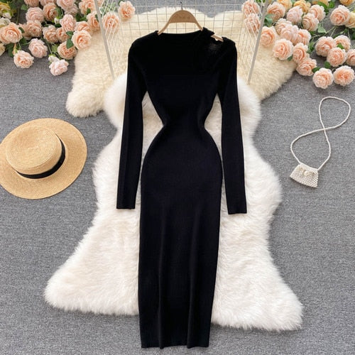Chique maxi jurk – sexy hollow out gebreide bodycon