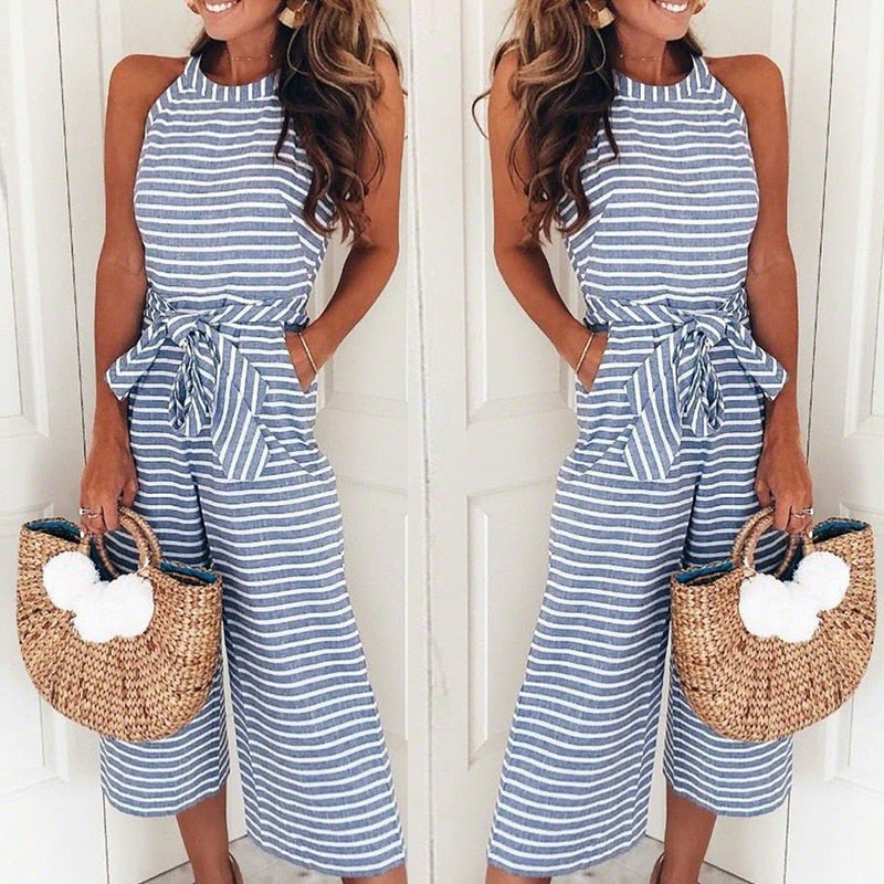 Luchtige & stijlvolle dames jumpsuit met tailleband en strepen