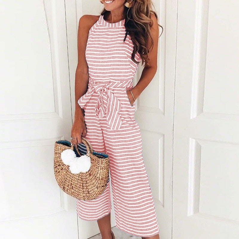 Luchtige & stijlvolle dames jumpsuit met tailleband en strepen